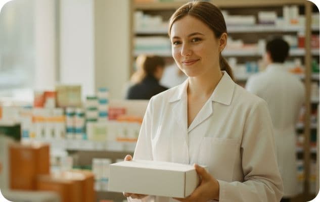 Apothekerin hält Medikamentenbox in Verkaufsraum