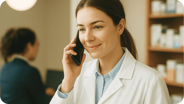Apothekerin telefoniert in Apothekenumgebung